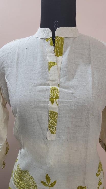 Ivory & Olive Green Floral Printed Cotton Kurta Set