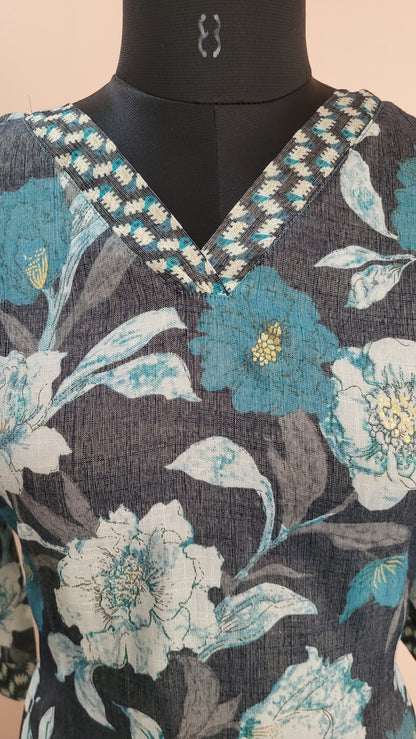 Grey & Teal Floral Printed Kurta with Geometric Print Pants