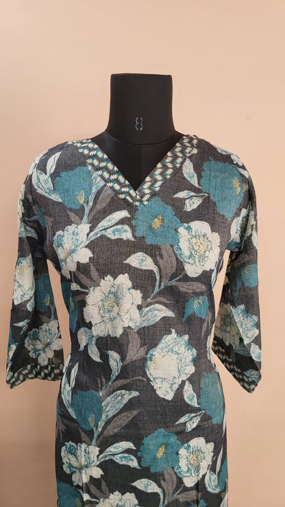 Grey & Teal Floral Printed Kurta with Geometric Print Pants