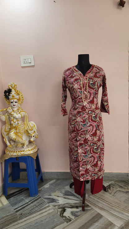 Maroon Abstract Floral Printed Kurta with Solid Red Pants