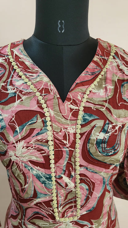 Maroon Abstract Floral Printed Kurta with Solid Red Pants