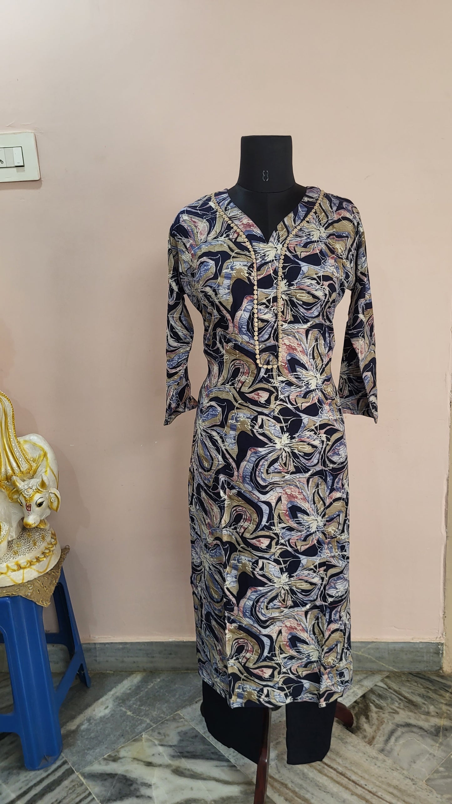 Navy Abstract Floral Printed Kurta with Solid Navy Blue Pants