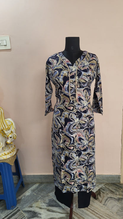 Navy Abstract Floral Printed Kurta with Solid Navy Blue Pants