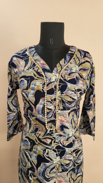 Navy Abstract Floral Printed Kurta with Solid Navy Blue Pants