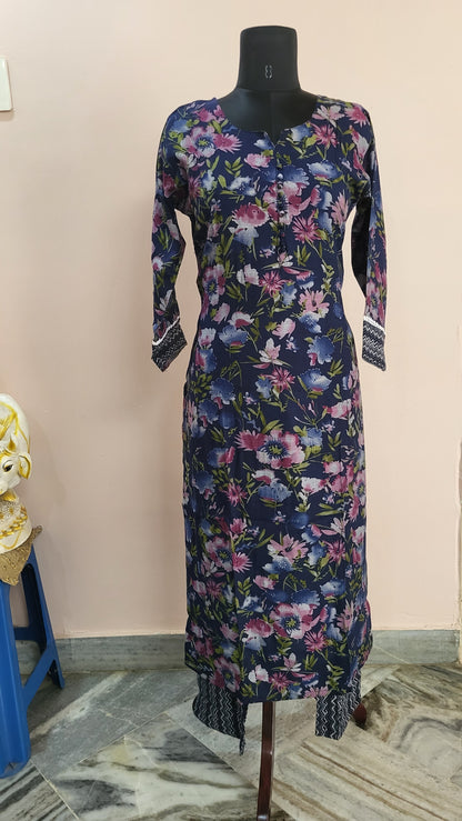 Navy Blue Floral Printed Kurta with Chevron Pants