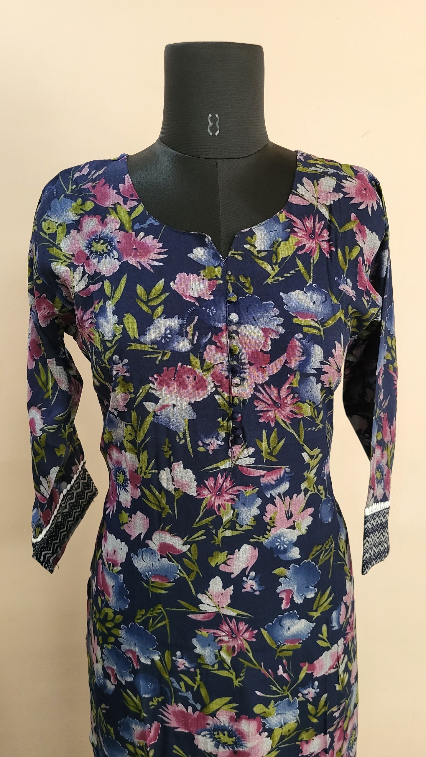 Navy Blue Floral Printed Kurta with Chevron Pants