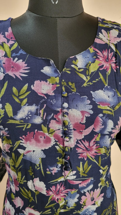 Navy Blue Floral Printed Kurta with Chevron Pants