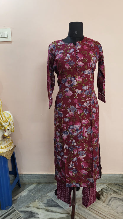Maroon Floral Printed Kurta with Chevron Pants