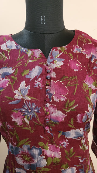Maroon Floral Printed Kurta with Chevron Pants