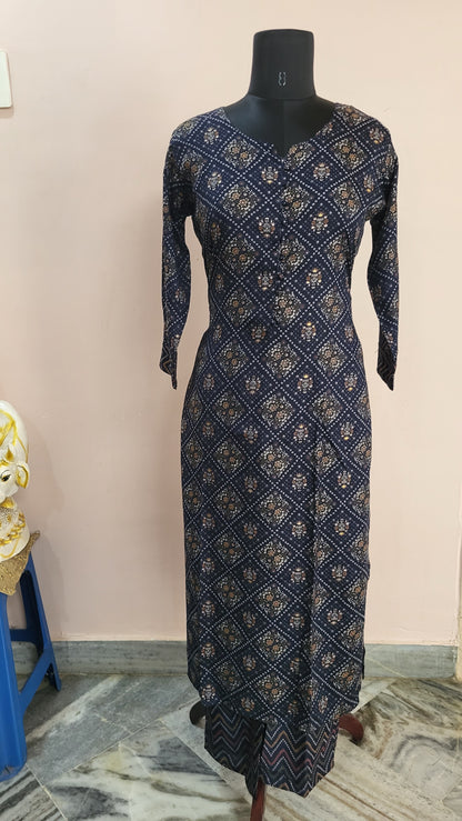 Navy Blue Printed Kurta with Chevron Print Pants