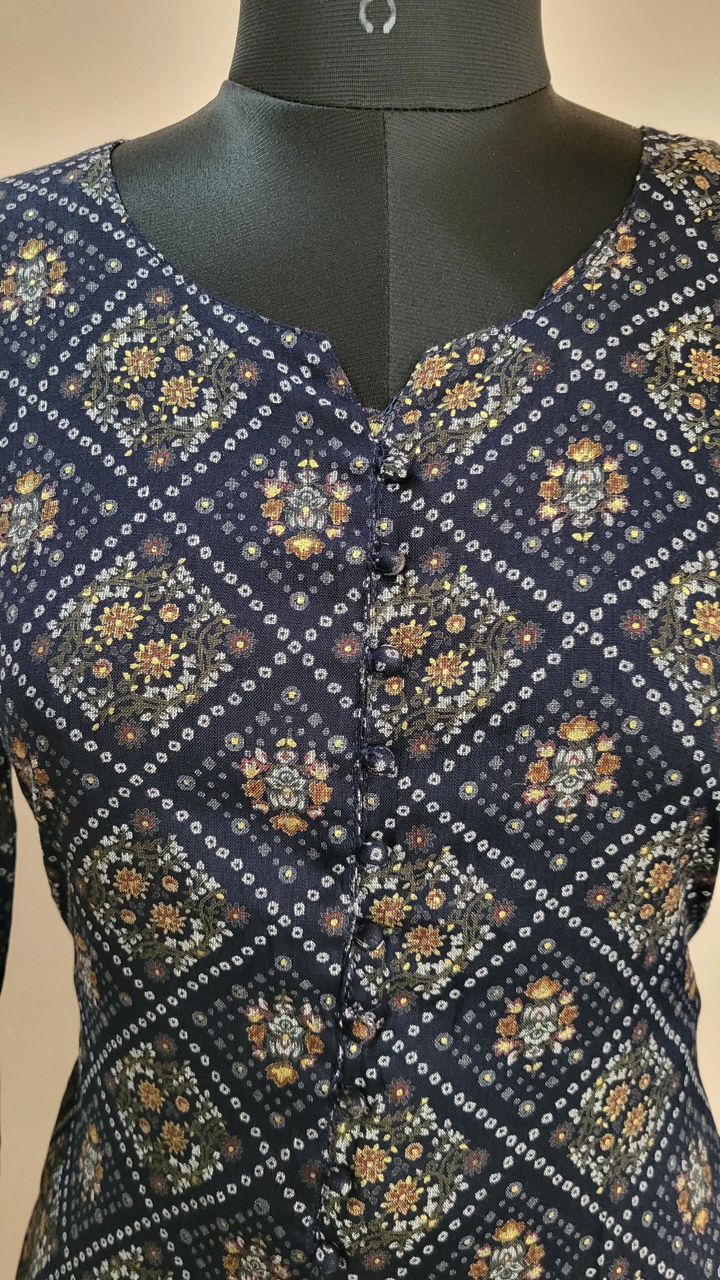 Navy Blue Printed Kurta with Chevron Print Pants