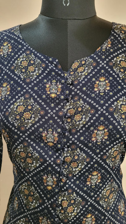 Navy Blue Printed Kurta with Chevron Print Pants
