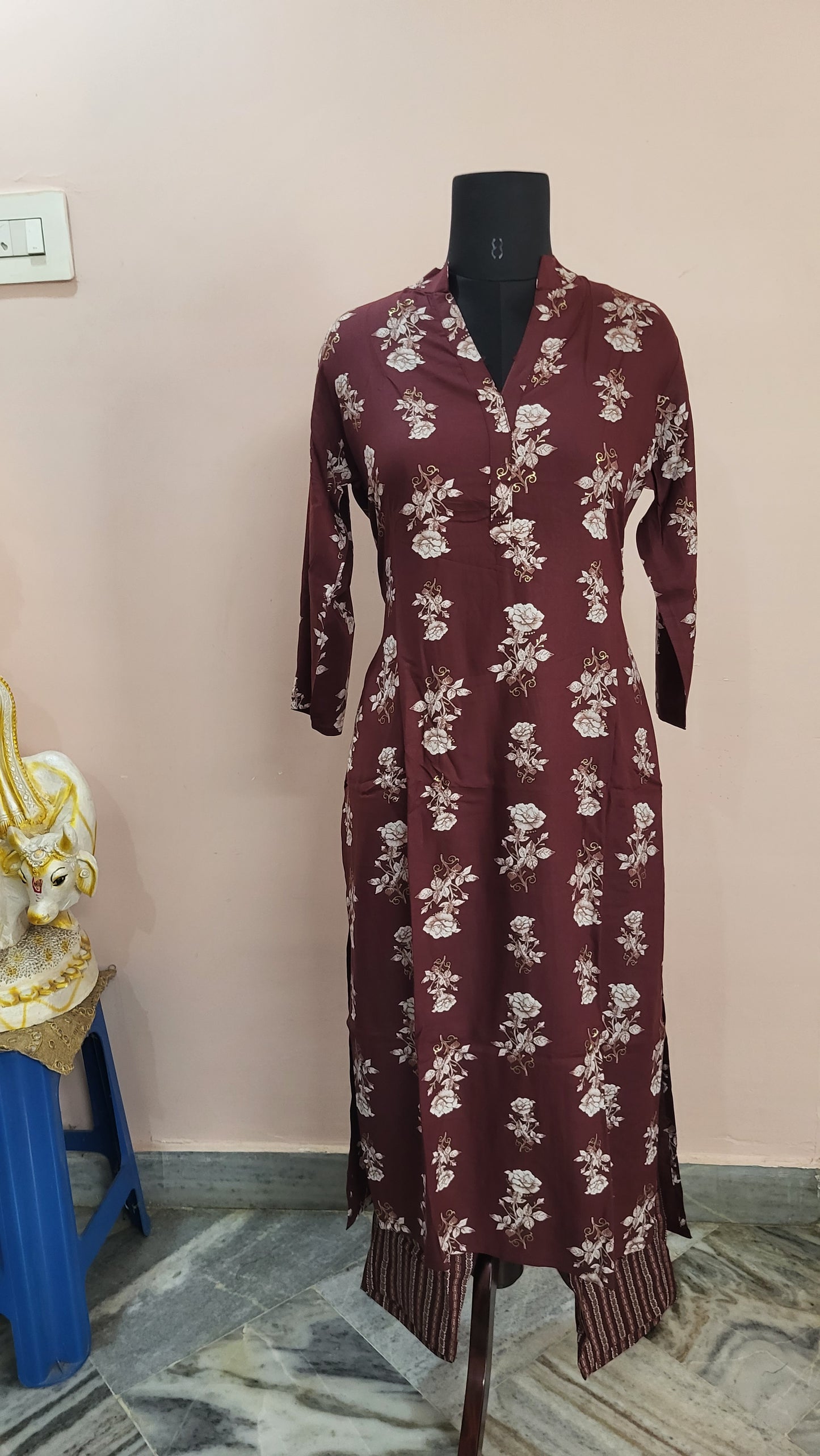 Maroon Floral Printed Straight Kurta with Striped bottom with pockets