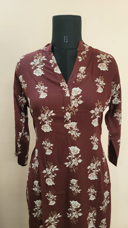 Maroon Floral Printed Straight Kurta with Striped bottom with pockets