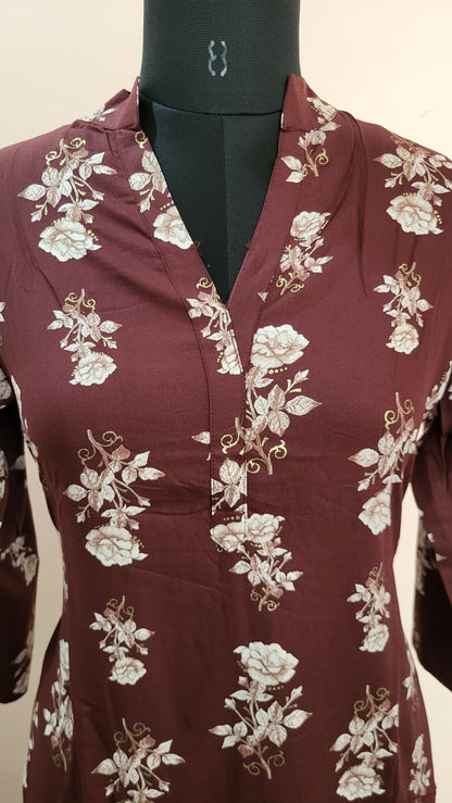 Maroon Floral Printed Straight Kurta with Striped bottom with pockets