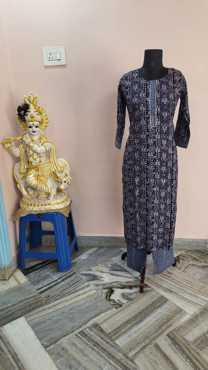 Navy Blue Printed Cotton Kurta Set