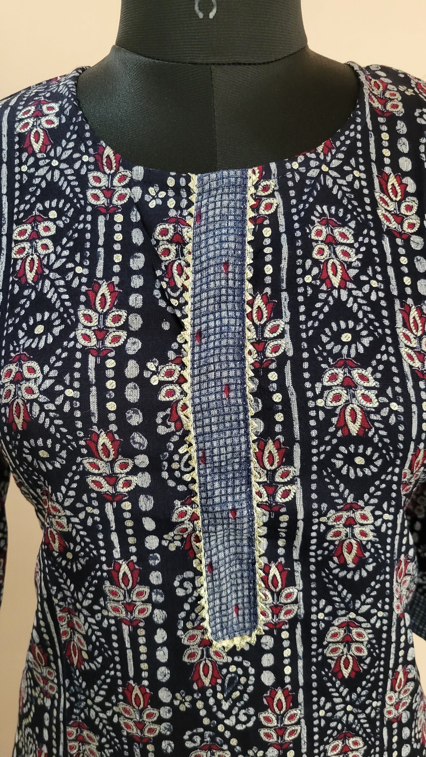 Navy Blue Printed Cotton Kurta Set