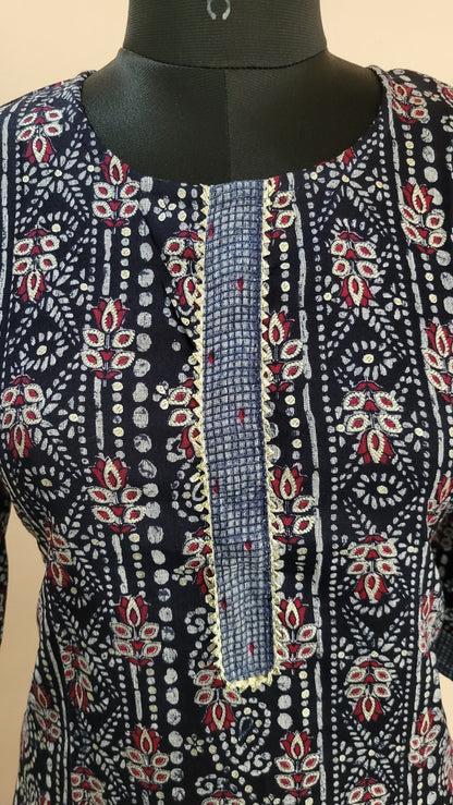 Navy Blue Printed Cotton Kurta Set