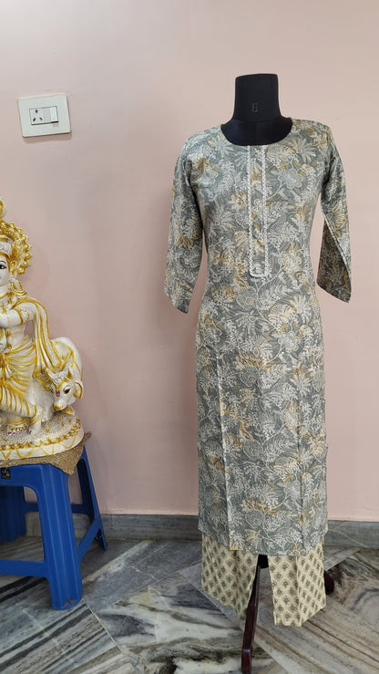 Elegant Grey Floral Printed Kurta with Beige Printed Pants