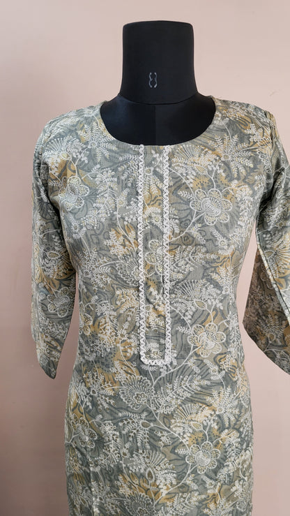 Elegant Grey Floral Printed Kurta with Beige Printed Pants