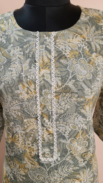 Elegant Grey Floral Printed Kurta with Beige Printed Pants