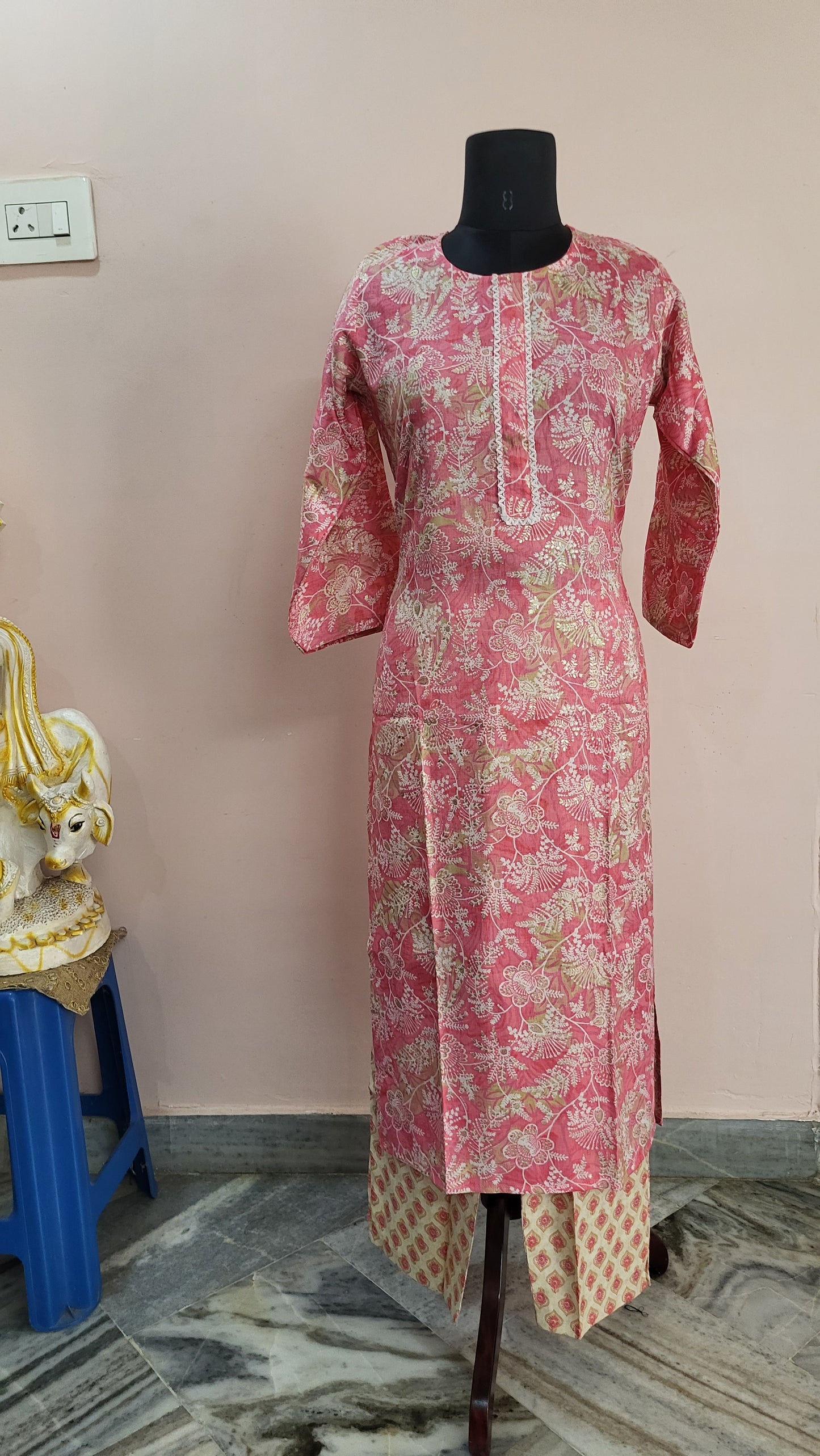 Pink Floral Printed Kurta with Beige Printed Pants