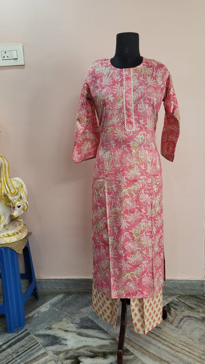 Pink Floral Printed Kurta with Beige Printed Pants