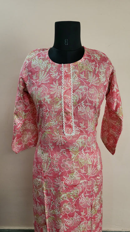 Pink Floral Printed Kurta with Beige Printed Pants