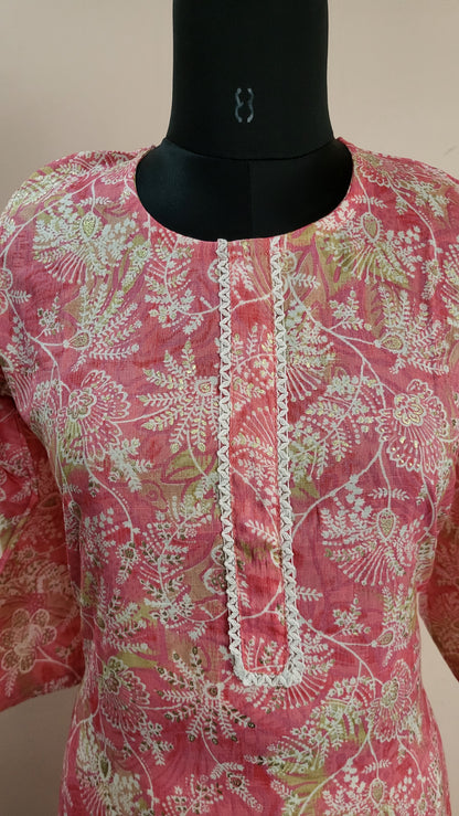 Pink Floral Printed Kurta with Beige Printed Pants