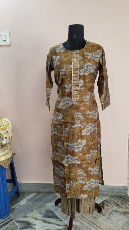 Mustard Lotus Print Kurta with Striped Ethnic Pants
