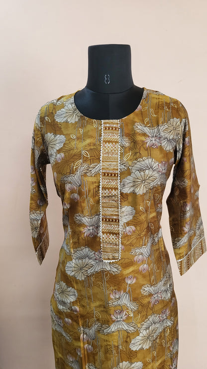 Mustard Lotus Print Kurta with Striped Ethnic Pants