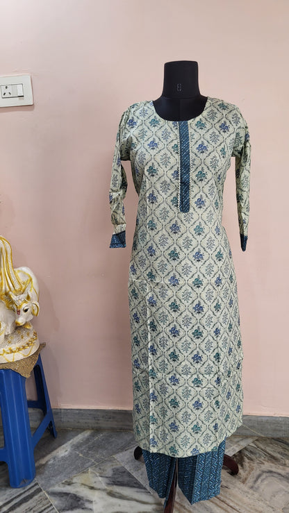 Light Green & Blue Block Print Cotton Kurta Set