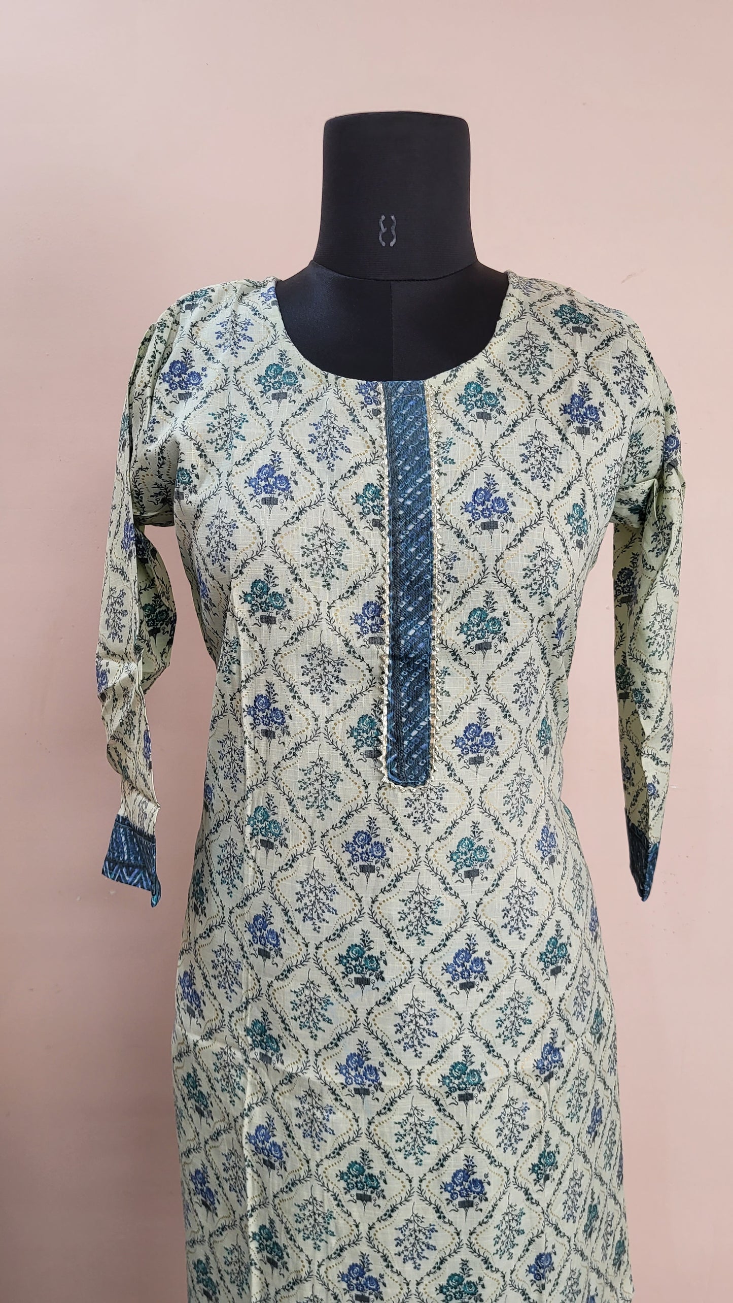 Light Green & Blue Block Print Cotton Kurta Set