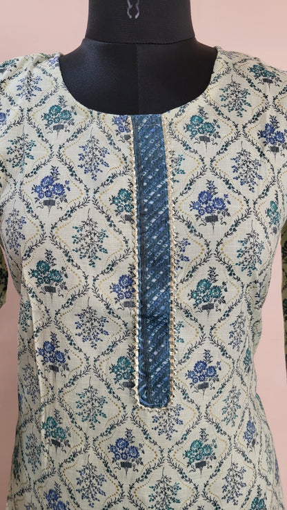 Light Green & Blue Block Print Cotton Kurta Set