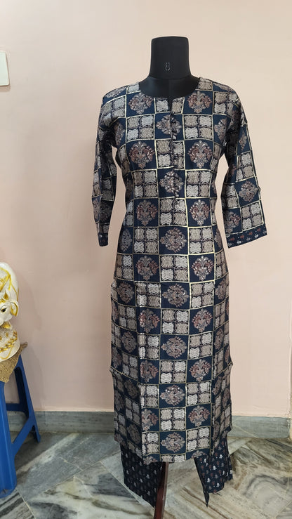 Navy Blue Block Print Kurta with Printed Pants