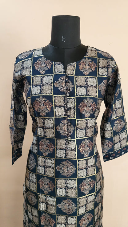 Navy Blue Block Print Kurta with Printed Pants