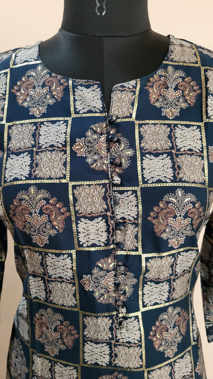 Navy Blue Block Print Kurta with Printed Pants