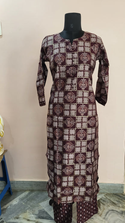 Maroon Block Print Kurta with Printed Pants