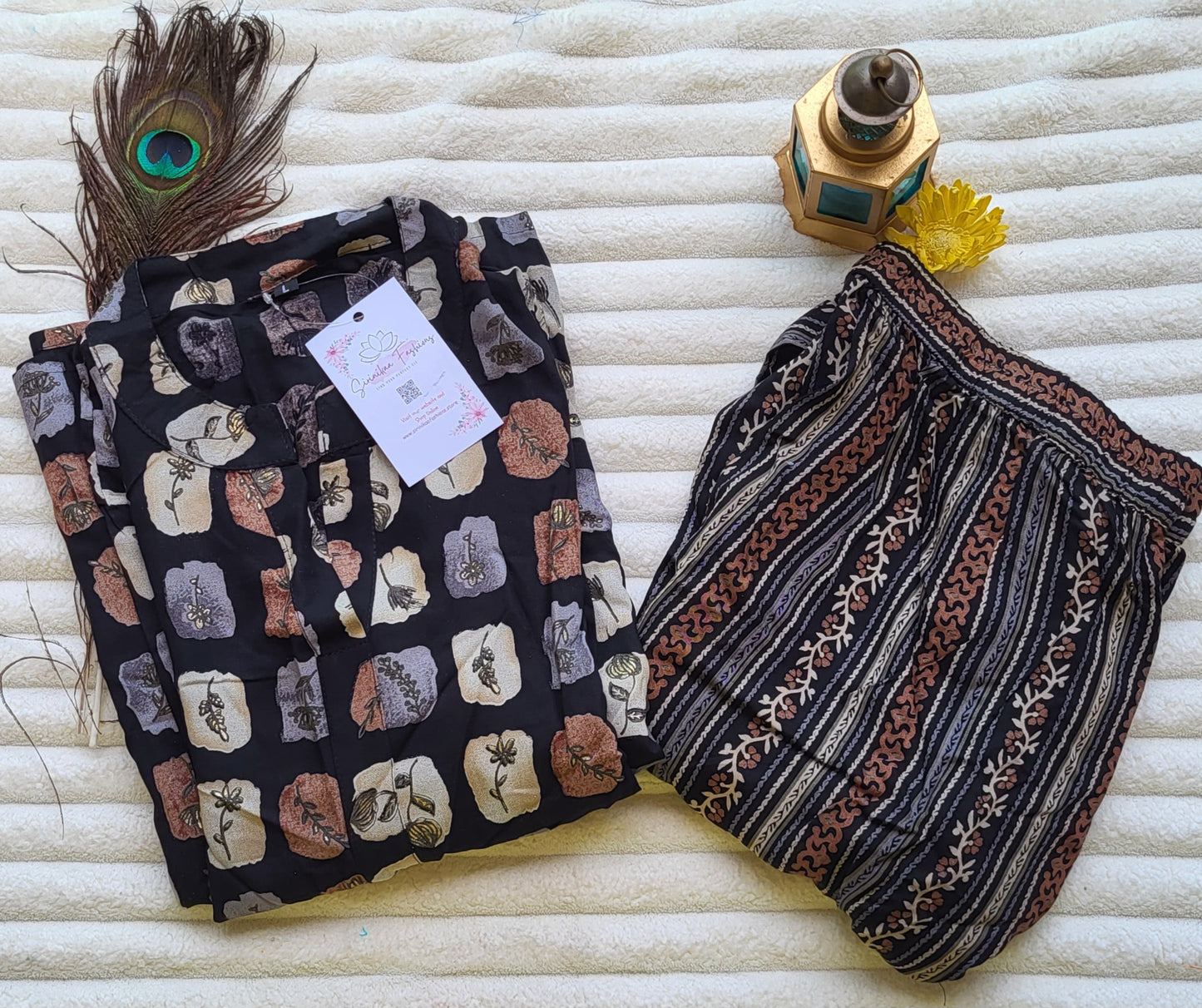 Black Multi-Tone Block Print Kurta with Striped Printed Pants