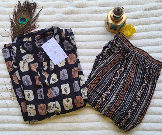 Black Multi-Tone Block Print Kurta with Striped Printed Pants