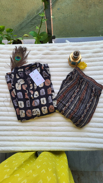 Black Multi-Tone Block Print Kurta with Striped Printed Pants