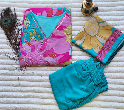 Turquoise & Pink Floral Printed Cotton Suit Set with Dupatta