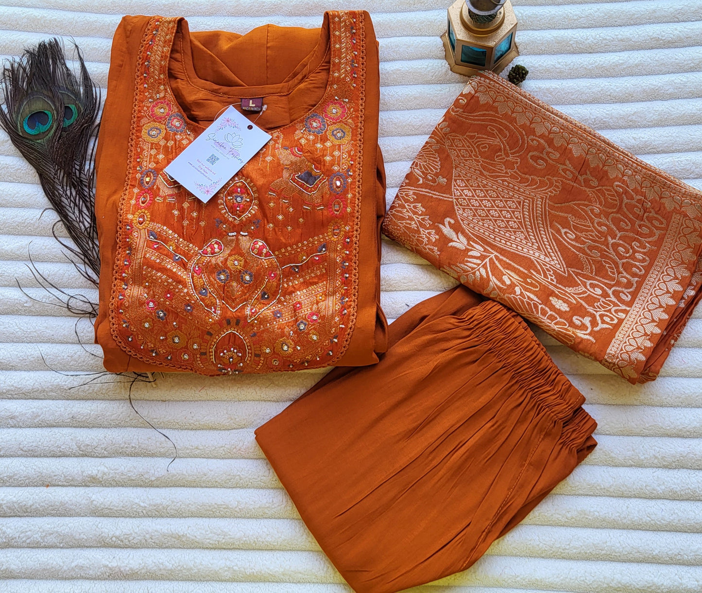 Rust Orange Embroidered Kurta Set with Dupatta