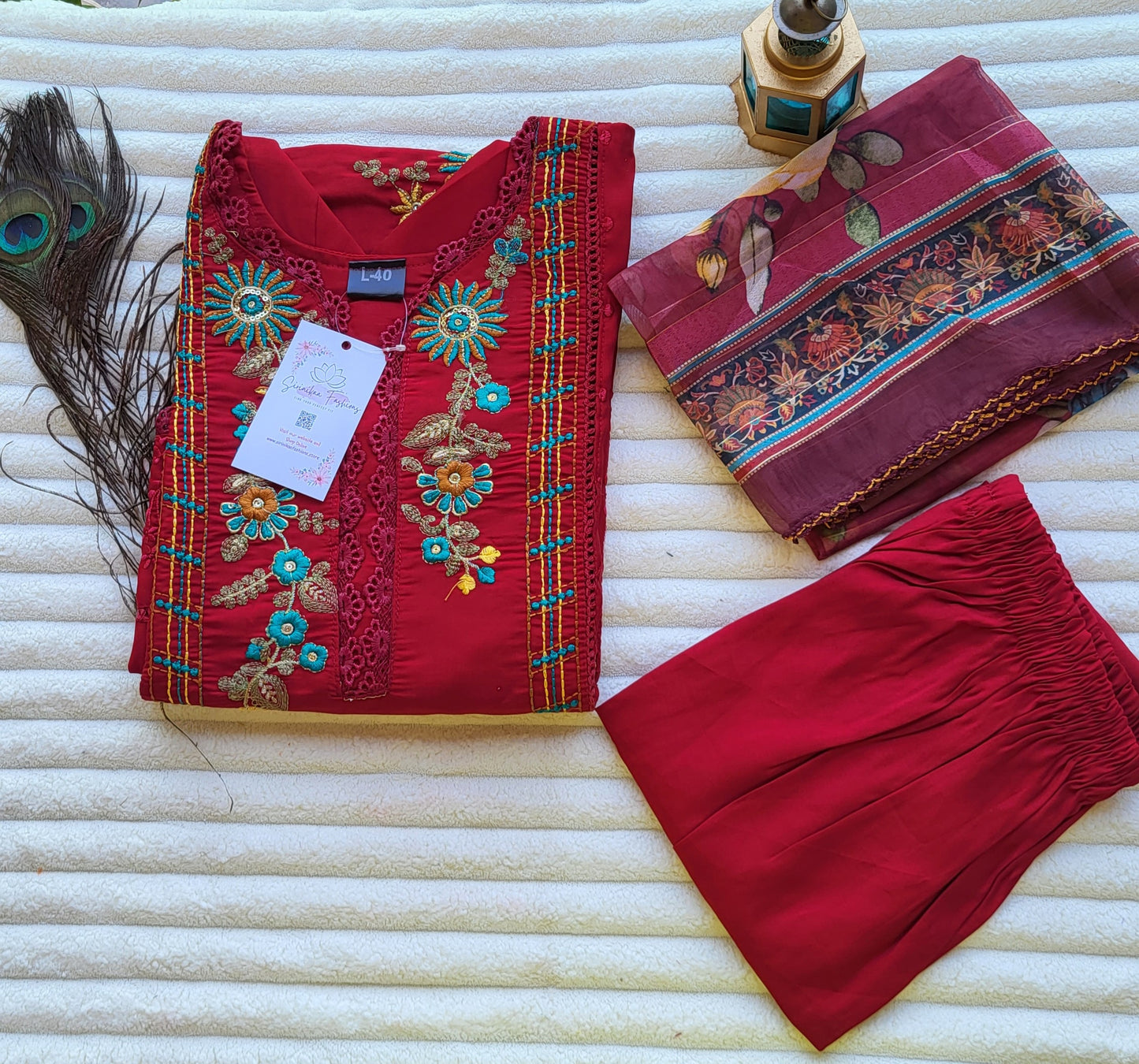 Maroon Embroidered Kurta Set with Printed Dupatta
