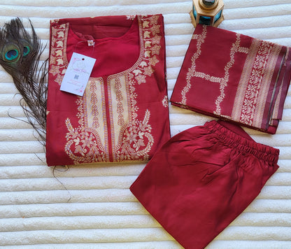 Maroon Silk Embroidered Suit Set with Dupatta