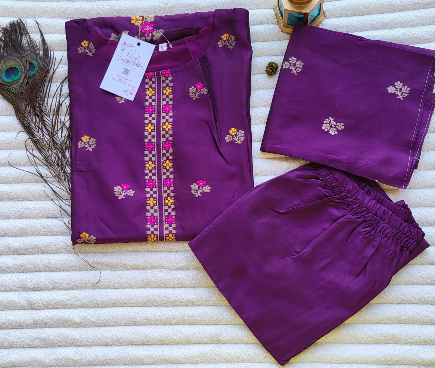 Elegant Purple Floral Embroidered Cotton Suit Set with Dupatta