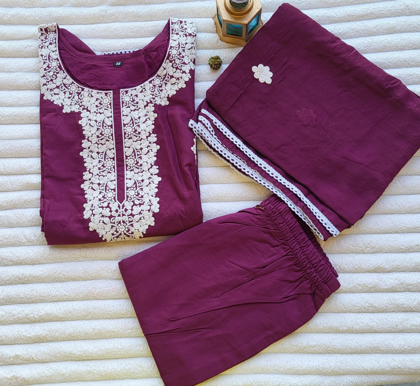 Elegant Maroon Embroidered Cotton Suit Set with Dupatta