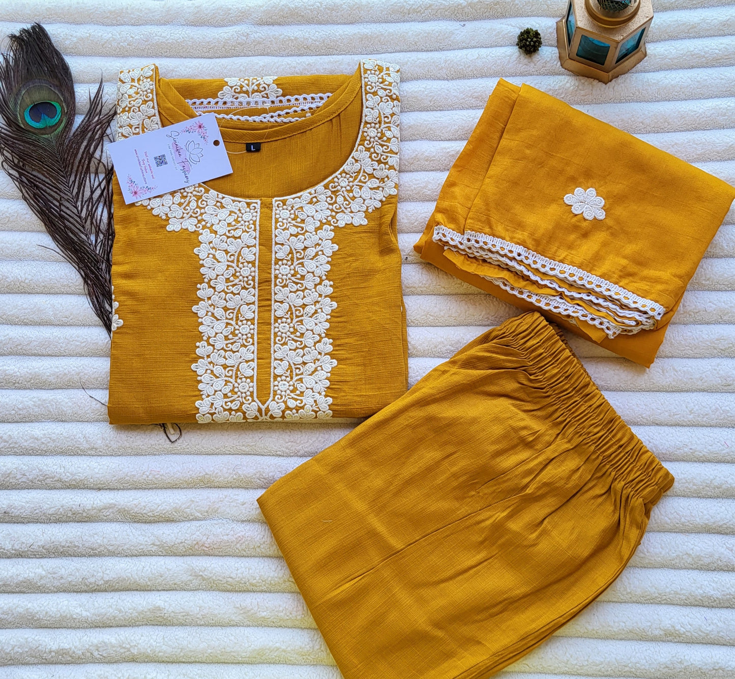 Mustard Yellow Embroidered Cotton Suit Set with Dupatta