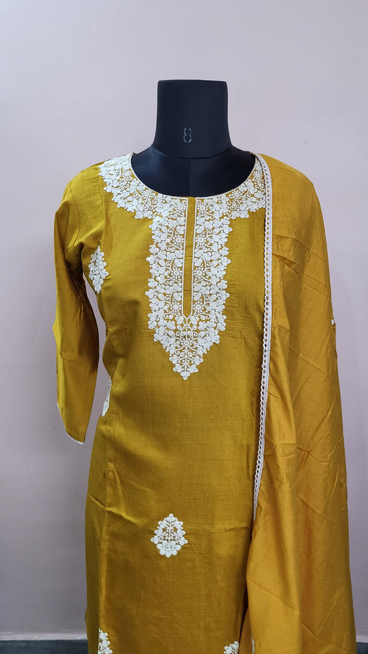 Mustard Yellow Embroidered Cotton Suit Set with Dupatta