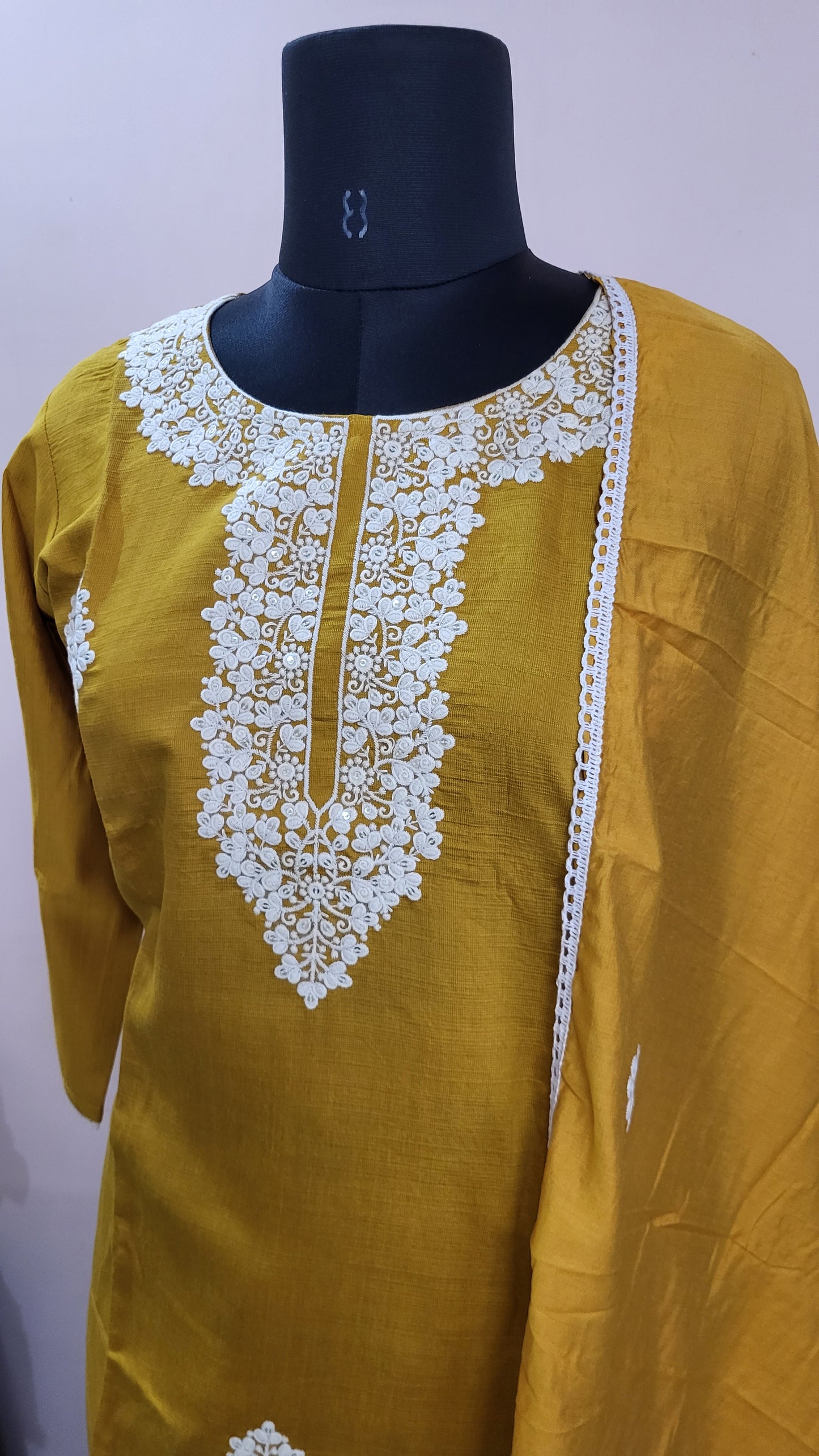 Mustard Yellow Embroidered Cotton Suit Set with Dupatta